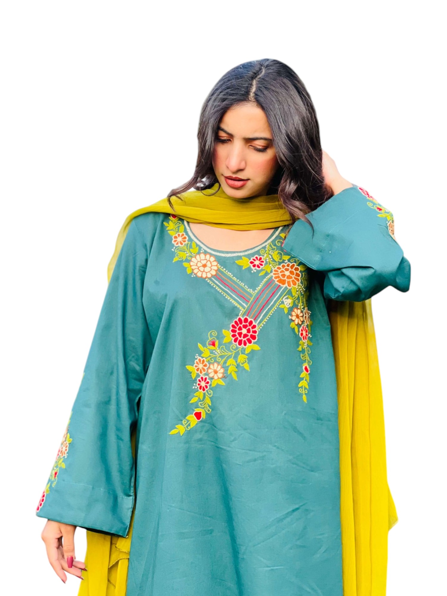 Teal Bloom – Elegant Embroidered Suit