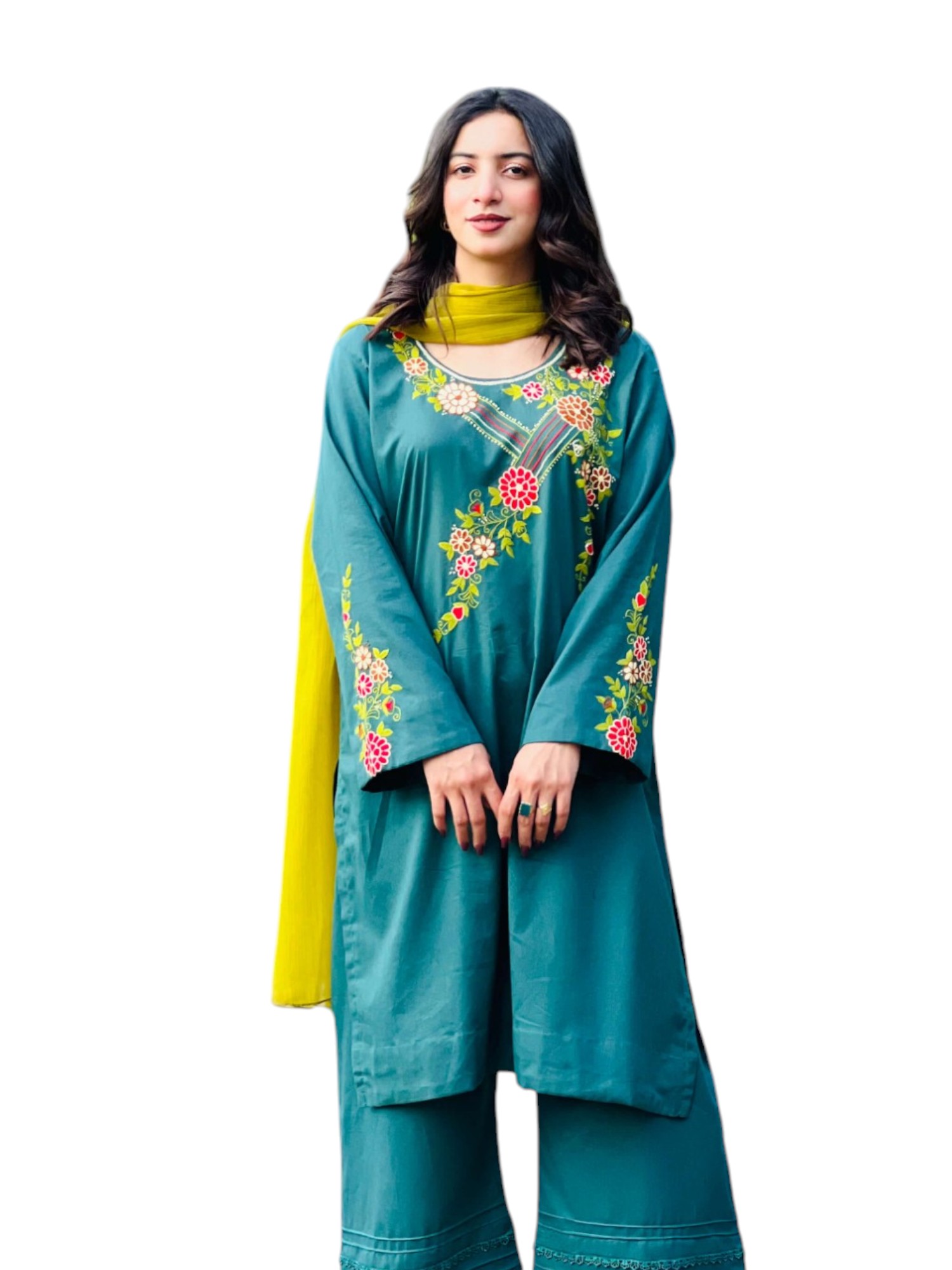 Teal Bloom – Elegant Embroidered Suit