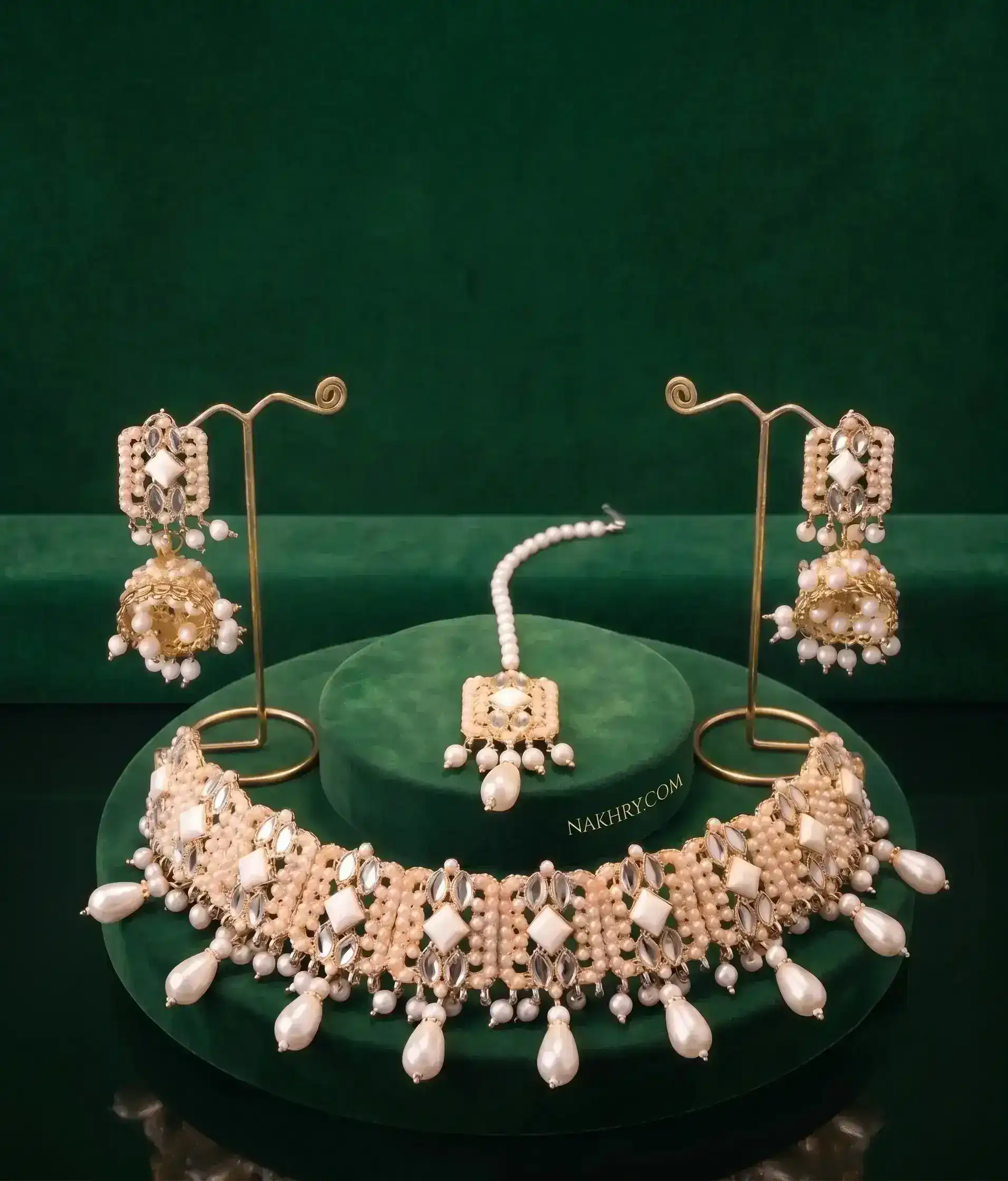 Hyderabadi Kundan Choker Necklace Set Bridal Jewelry-Nakhry Hyderabadi Kundan Choker Necklace Set Bridal Jewelry-Nakhry