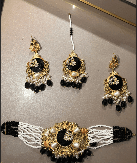 turkish-pearl-choker-necklace-set Turkish style black-4 piece