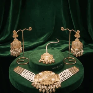 Turkish Pearl Choker Necklace Set with Earrings & Maang Tikka - Shampagne